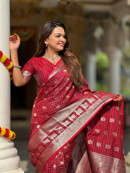 Elegant Maroon-Red Silk Saree with Zari Elephant & Lion Motifs