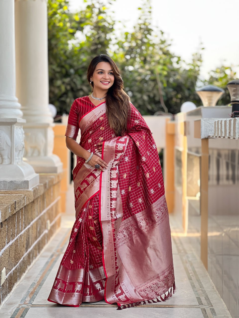 Elegant Maroon-Red Silk Saree with Zari Elephant & Lion Motifs
