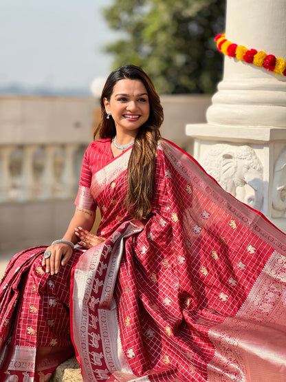 Elegant Maroon-Red Silk Saree with Zari Elephant & Lion Motifs