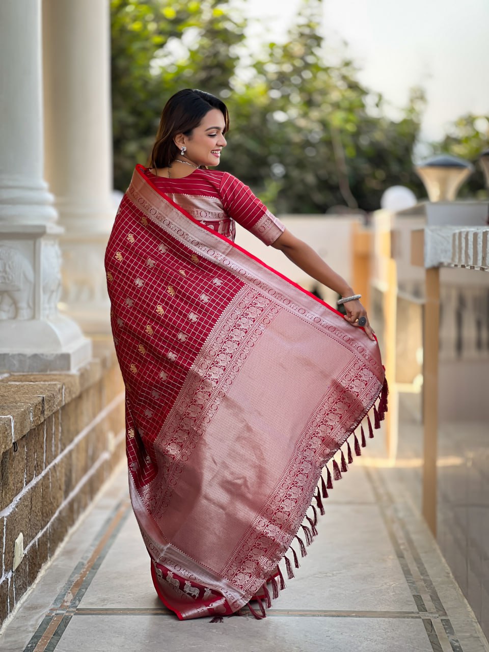 Elegant Maroon-Red Silk Saree with Zari Elephant & Lion Motifs