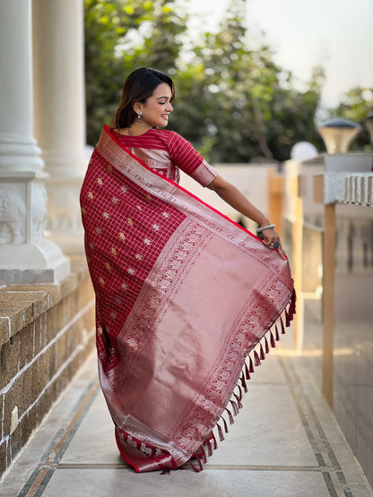 Elegant Maroon-Red Silk Saree with Zari Elephant & Lion Motifs