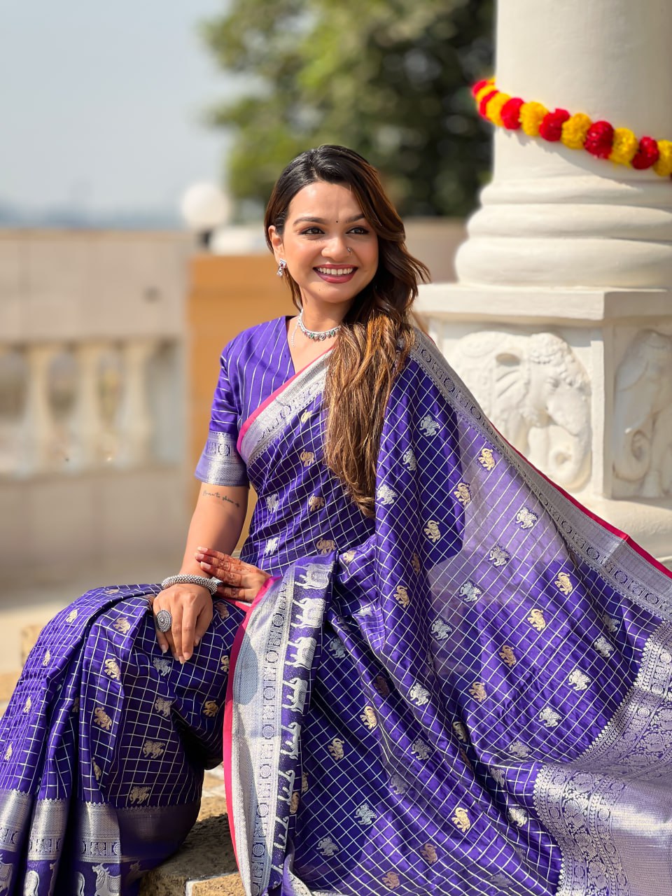 Regal Purple Silk Saree with Zari Animal Motifs