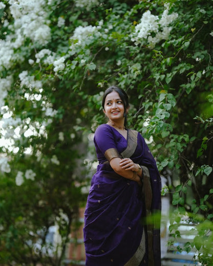 Royal Violet Banarasi Silk Saree with Silver Zari Buttas and Border