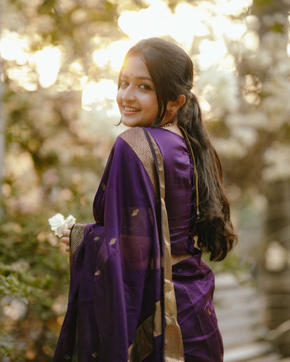 Royal Violet Banarasi Silk Saree with Silver Zari Buttas and Border