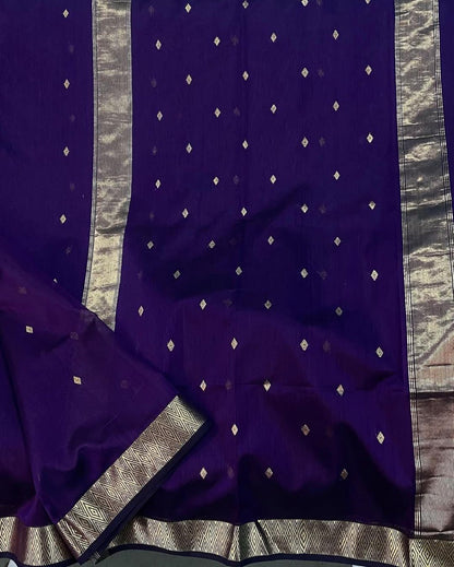 Royal Violet Banarasi Silk Saree with Silver Zari Buttas and Border