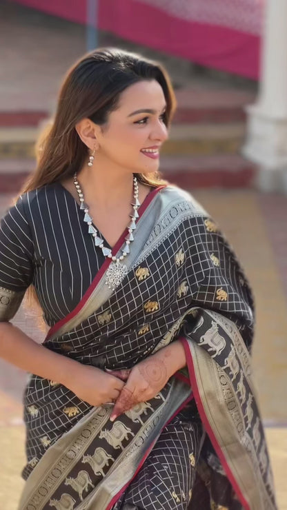 Majestic Black Silk Saree with Silver & Gold Zari Animal Motifs