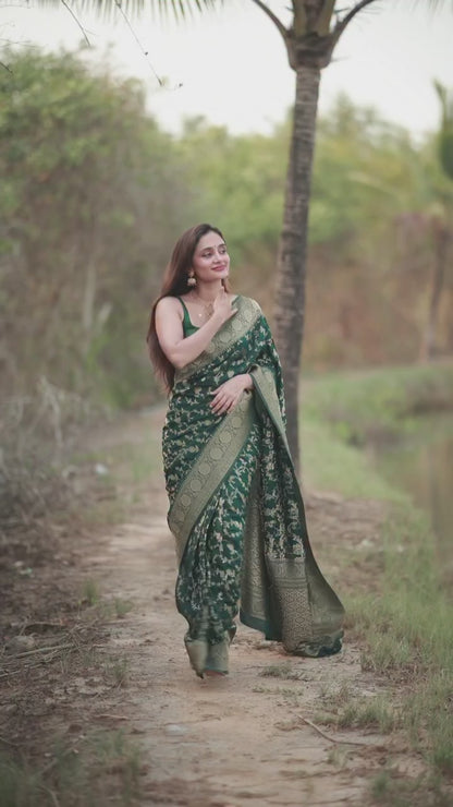 Emerald Green Banarasi Silk Saree with Gold Floral Zari Weaving